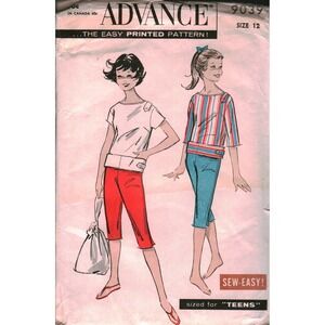 Vintage Advance 9039 Teen Top and Clam Digger Pants Sewing Pattern Size 12 B 30